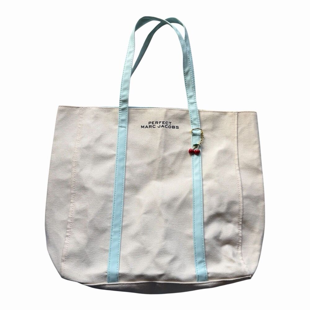 Marc Jacobs Perfect Ivory Tote Bag Blue Trim Cherry Charm Detail Lined